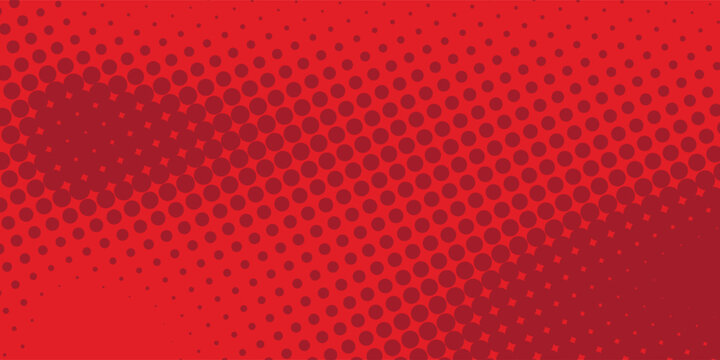 Bright crimson red pop art background in retro comics book style. Cartoon superhero background with halftone dots gradient, vector illustration