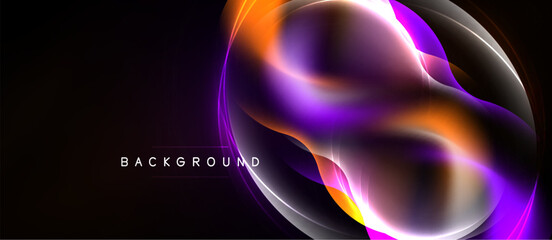 Naklejka premium Abstract design features vibrant orange, purple glows. Dynamic curves create flowing shapes against dark backdrop. Modern, energetic visual.