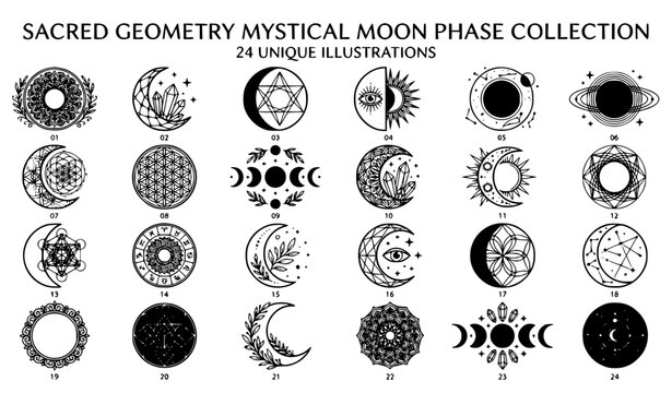 Mystic Lunar Phases Sacred Geometry Black and White Outline Vector Illustration Collection