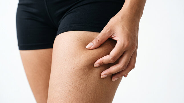 woman pinching her thigh skin showing natural cellulite on white background