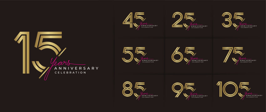 Set of anniversary logo style with golden double line number 15 to 105 years. Modern luxury vector typography templates on dark brown background for celebration event.