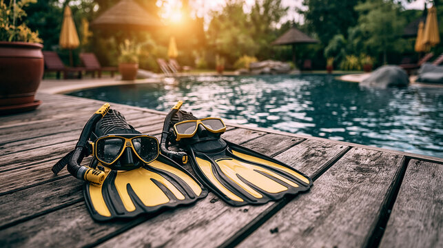 Snorkeling gear and yellow swim flippers on wooden deck beside swimming pool