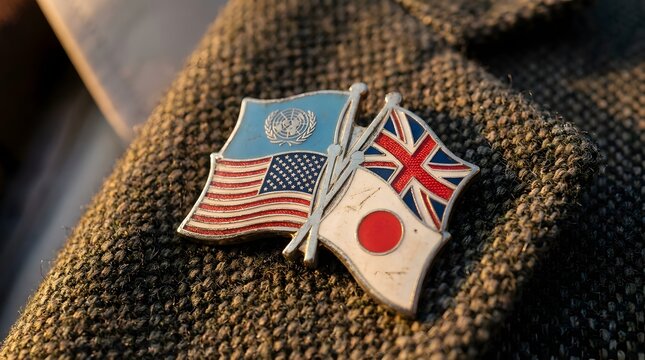 International Diplomacy Badge Pin with UN USA UK and Japan Flags on Tweed Suit