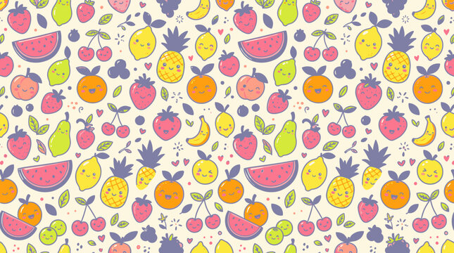 Colorful cartoon fruit pattern illustration.