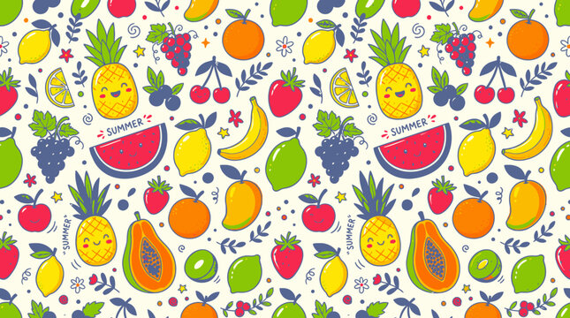 Colorful cartoon fruit pattern with smiley faces.