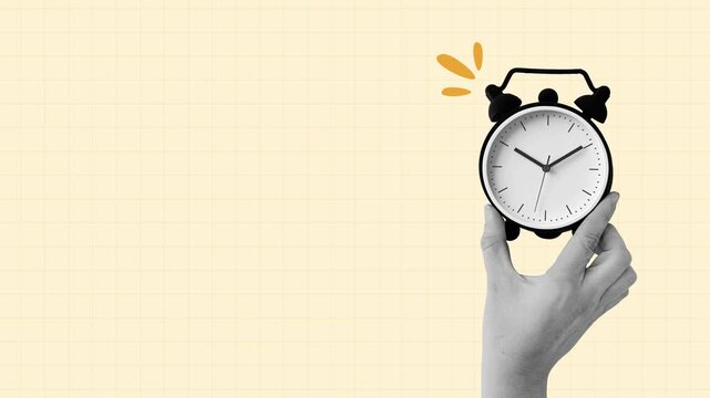 Trendy halftone collage. A hand holds a ringing alarm clock