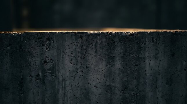 Dark concrete ledge texture with warm sunlight glow on rough edge for minimalist architectural background