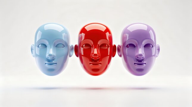 Three glossy, colorful human-like robotic heads in blue, red, and purple, floating against a plain white background.