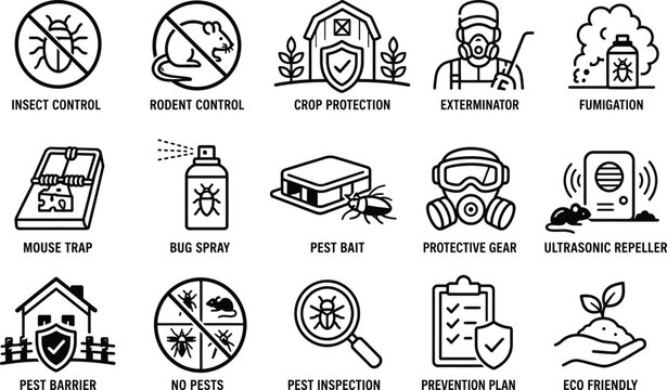 Pest control icon set for agriculture and home protection. Insect management, rodent control, crop safety, extermination, fumigation, prevention tools. Editable icons collection. Vector.