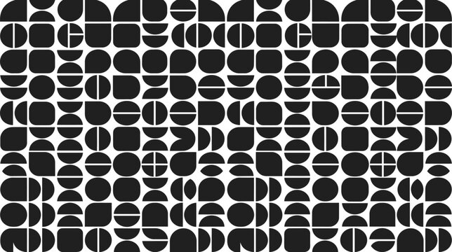 Seamless black and white geometric pattern with circles arcs and lines