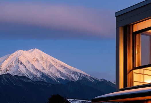 Dawn at a mountain resort harmonizing warm indoor lighting with a silver snow landscape