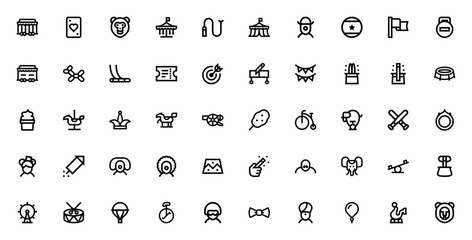 Circus icon set. Minimalist line icons. Vector illustration. Featuring clown, elephant, balloon, carousel, trapeze, cannon, magic trick, lion, seal, unicycle, ring of fire. Editable stroke. © wang