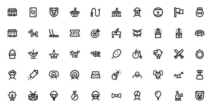 Circus icon set. Minimalist line icons. Vector illustration. Featuring clown, elephant, balloon, carousel, trapeze, cannon, magic trick, lion, seal, unicycle, ring of fire. Editable stroke.