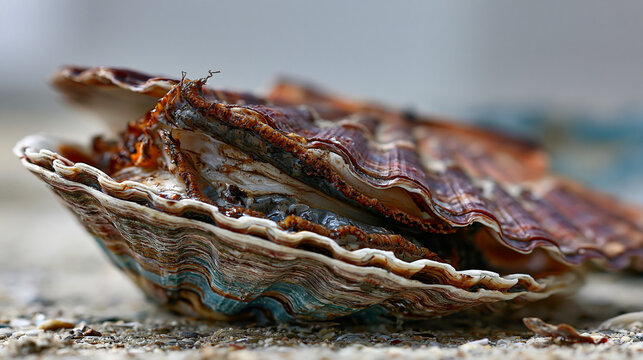 Natural scallop shell texture and organic pattern close up with seashell