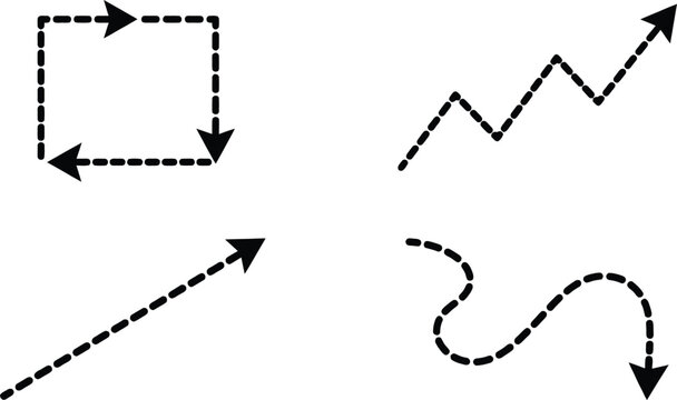 Four black dot dash arrow icons cycle upward straight and wavy paths