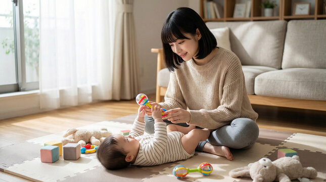 リビングの床でガラガラのおもちゃを使って赤ちゃんと遊んでいる日本人の母親
