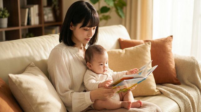 リビングのソファで赤ちゃんを膝に乗せて絵本の読み聞かせをしている日本人の母親