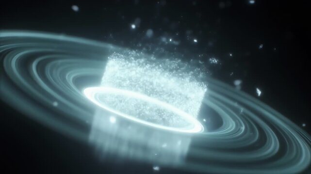 An abstract, futuristic scene with luminous concentric rings orbiting a dark void, interlaced by sparkling particles and neon trails weaving through circular light structures, evoking mystery. awe!!!