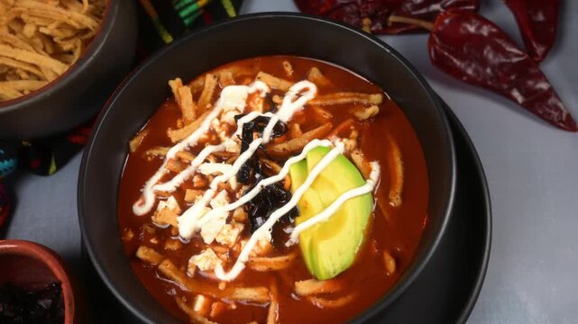 Aerial view of authentic Mexican sopa Azteca with ingredients on a blue background