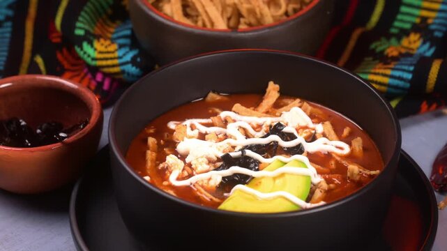 Authentic Mexican gastronomy. Sopa de tortilla or Aztec soup