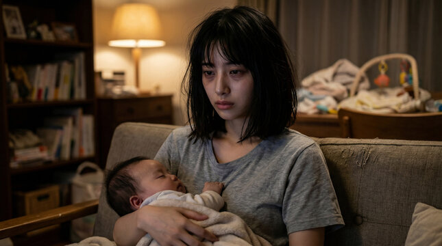 散らかった部屋で育児に疲れ果てて呆然としている日本人の母親と眠る赤ちゃん