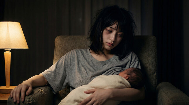 深夜の暗い部屋で疲れ切った表情で授乳をしている髪の乱れた日本人の母親