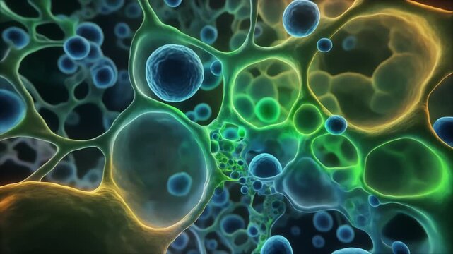 An abstract microscopic scene with vibrant cells and connected membranes in blue, green, and pink hues, featuring glowing nuclei and bubble-like organelles weaving through a dynamic cellular landscape