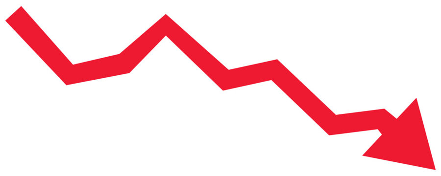 Red downward trending graph arrow on white background indicating financial decline