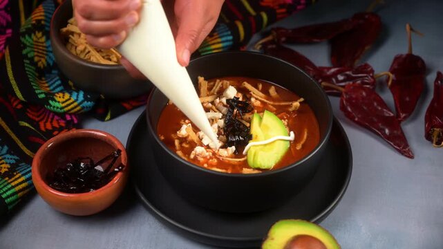 Hand adding sour cream over a black bowl of authentic Mexican tortilla soup