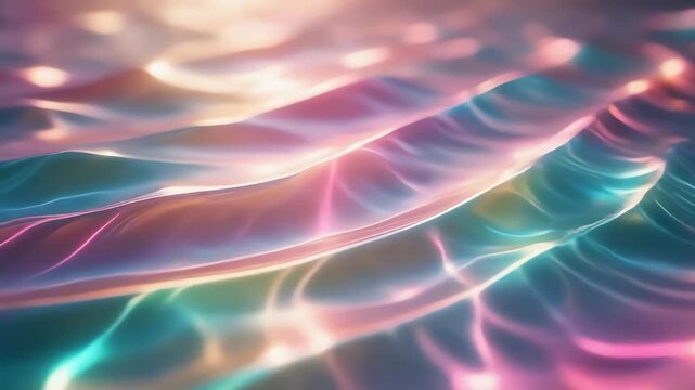 An abstract scene of luminous ribbons weaving across the frame in pinks, blues, and greens, creating flowing glassy waves with soft highlights and a dreamlike, ethereal atmosphere. A soft drift. Now