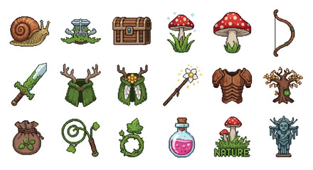 Fototapeta premium A collection of nature-themed fantasy RPG icons, featuring magical gear, equipment, plants, and creatures in a detailed hand-drawn vector style.