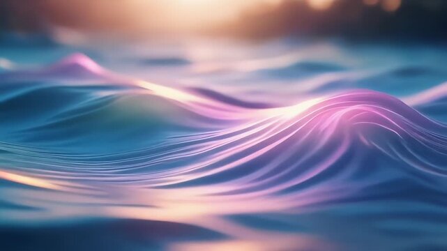 An abstract seascape of undulating waves bathed in soft purple, pink, and blue highlights; smooth curves weave a dreamlike tapestry of light, shadow, and liquid motion across a glossy surface softly