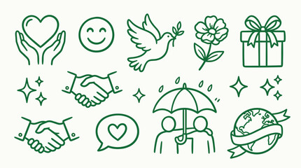 Naklejka premium Collection of icons representing love, peace, and support, including hands holding a heart, a smiling face, a dove, a flower, and a gift.