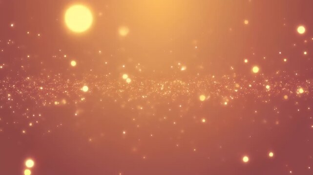 An abstract warm orange backdrop filled with glowing orbs and sparkling particles, forming a dreamy bokeh scene. A gradient shifts from amber to pale gold, evoking festivity and motion