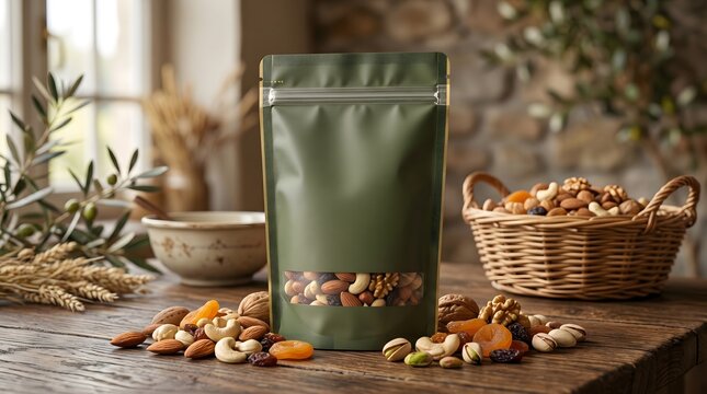 Green Pouch Mockup with Nut Mix and Dried Fruit on Rustic Wood