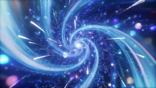 An electric blue vortex spirals inward with radiant streaks and shimmering cosmic light. in spaceway