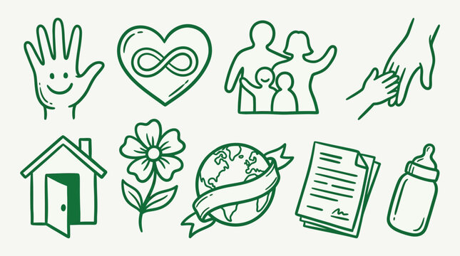 Collection of hand-drawn icons representing family, love, home, nature, and global concepts.