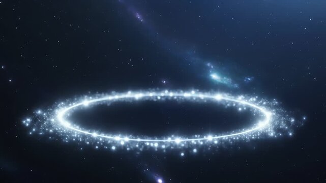 An ethereal ring of luminous particles floats in a dark cosmic field, forming a bright halo. Sparkles drift along the circumference, suggesting energy, motion, and a serene celestial gateway