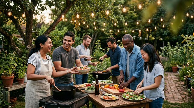 People prepare food outdoors in a garden with a stone table and lights