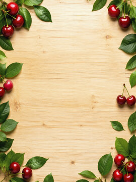 Natural Wood Background with Green Leaves and Cherry Decoration for Flyer and Poster Design