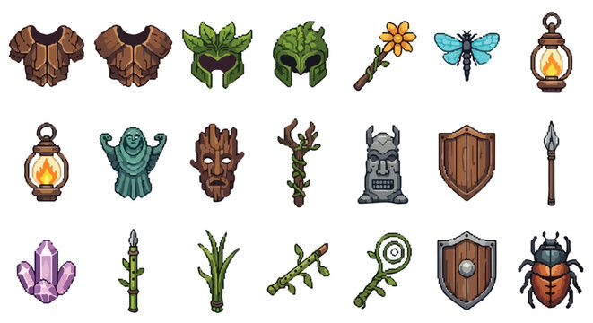 A collection of twenty-one pixel-art fantasy RPG item icons including armor, weapons, masks, lanterns, and magical artifacts on a white background.