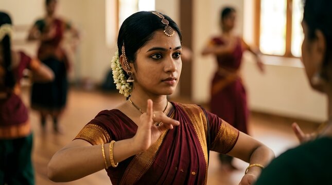 Indian classical bharatanatyam dancer performing traditional dance in costume and jewelry