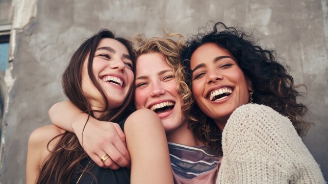 Three happy diverse women best friends embracing, laughing out loud together, showing genuine joy and friendship with bright smiles against a neutral background