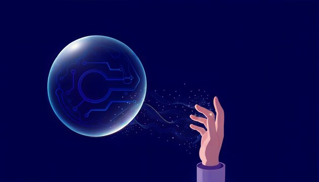 Human hand reaching towards glowing digital sphere with circuit board pattern