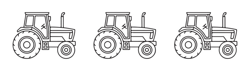 Modern farm tractor line art icons featuring detailed technical outlines for agricultural machinery design. © Farik