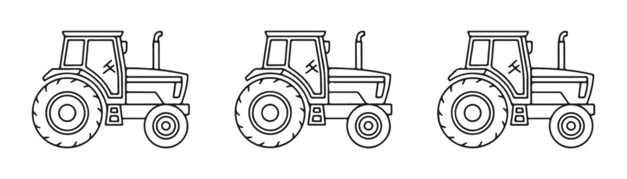 Modern farm tractor line art icons featuring detailed technical outlines for agricultural machinery design.