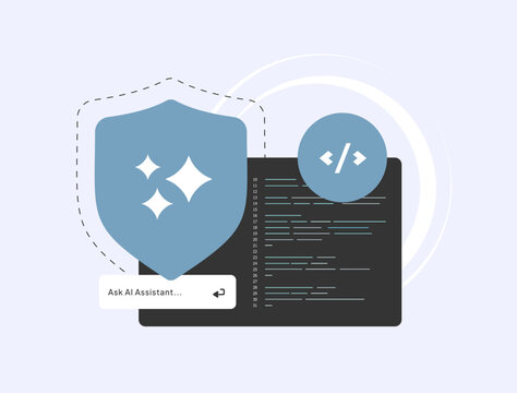 Secure AI coding with code generation, developer workflow and intelligent programming assistance. AI security, software development and secure coding practices vector illustration.