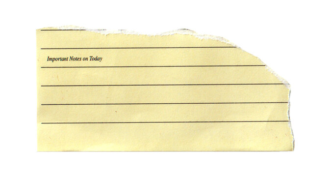 Torn yellow lined notebook paper piece with important notes on today text isolated on transparent background.