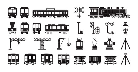 Train silhouette icon set including locomotive passenger wagons cranes and railway signaling symbols kit. © Farik