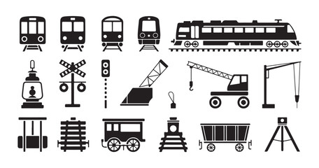 Set of rail transport flat black and white icons isolated on transparent background vector illustration. © Farik